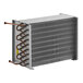A metal condenser coil with copper pipes inside.