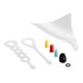 A white plastic funnel with various colored pieces on a white plastic object with a yellow cap.
