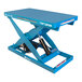A blue Bishamon Optimus electric scissor lift table with a hydraulic lift mechanism.