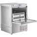 A stainless steel Ecoline by Hobart undercounter dishwasher with the door open.