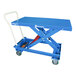 A blue Bishamon MobiLeveler lift table with wheels.