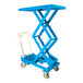 A blue Bishamon MobiLift double scissor lift table with wheels.