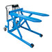 A blue Bishamon foot-operated lift with wheels and forks.