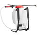 A white plastic Chapin backpack sprayer with black straps and a red cap.
