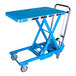 A blue Bishamon MobiLift scissor lift table on wheels.