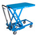 A blue metal Bishamon MobiLift scissor lift cart with wheels.