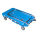 A blue Bishamon MobiLift scissor lift table cart with wheels and a handle.