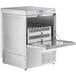 A white Ecoline by Hobart undercounter dishwasher with door open.