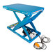A blue Bishamon Optimus electric scissor lift table with wires.