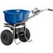 A blue wheeled Chapin Professional Salt Spreader with a handle.
