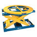 A yellow and blue Bishamon self-leveling pallet positioner with a blue wheel.