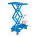 A blue Bishamon MobiLift battery-powered mobile double scissor lift table.