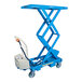 A blue Bishamon MobiLift battery-powered double scissor lift table.