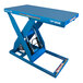 A blue Bishamon Optimus electric scissor lift table with a blue platform.