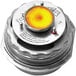 A close-up of a round metal EcoBurner heat can with a round yellow light.