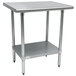 An Advance Tabco stainless steel work table with a galvanized shelf underneath.