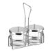 A Choice wire condiment caddy with two glass jars and metal stands.
