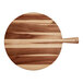 An Acopa round wooden serving board with a handle.