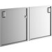 A stainless steel metal door with two metal handles and a latch.