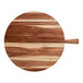 An Acacia wood round serving board with a handle.