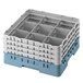 A teal plastic Cambro glass rack with six compartments.
