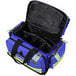 A royal blue Kemp USA trauma bag with black straps and two compartments.