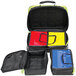 A black and yellow Kemp USA Responder Bag with three compartments and different colored bags inside.