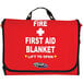 A red Kemp USA bag with white text that reads "First Aid Blanket" and "Fire First Aid" on it.