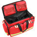 A red Kemp USA EMS bag with two compartments and zippers.
