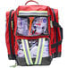 A red Kemp USA EMS backpack with clear pockets.