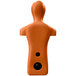An orange plastic Kemp USA training manikin with black face and hand circles.