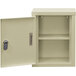 A beige metal Omnimed wall-mount cabinet with combination lock on doors.