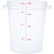 A clear plastic Carlisle food storage container with red measurements.