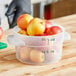 A Carlisle translucent plastic food storage container filled with apples.