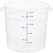 A clear Carlisle food storage container with blue measurements.