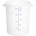 A white plastic Carlisle food storage container with blue measurements.