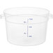 A clear plastic Carlisle food storage container with measurements.