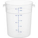 A clear plastic Carlisle food storage container with blue measurements.