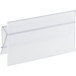 A clear plastic rectangular label holder clipped onto a white bin.
