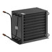 A black rectangular Avantco condenser coil with copper pipes and wires.