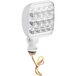 A Lavex LED emergency light bulb with yellow and white wires.