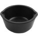 A black round bowl with a handle.