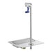A silver metal stand with a blue handle for a Waterloo Glass Filler Station.