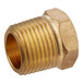 A close up of a Regency brass hex bushing with threaded connections.