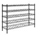 A black wire rack with five shelves for wine bottles.
