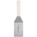 A white rectangular metal spatula with a white plastic handle.