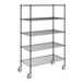 A black metal wire shelving unit with wheels.