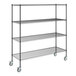 A black metal wire shelving unit with wheels.