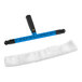 A white cloth with blue and white Lavex window cleaning tool.