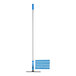 A white pole with a black handle and a blue and silver squeegee with white stripes.